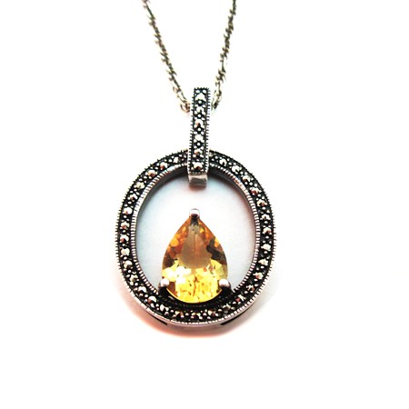 Teardrop Citrine and Marcasite Circle Necklace - Click Image to Close